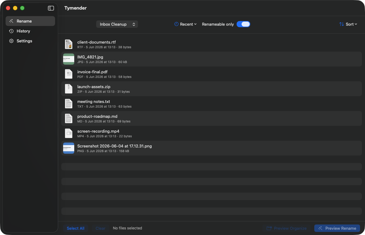 Tymender file browser showing demo files in a watched folder