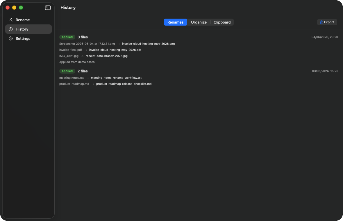 Tymender history screen showing before-and-after rename records