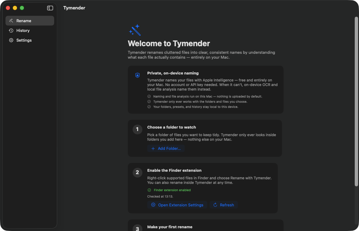 Tymender onboarding screen explaining local naming and setup steps