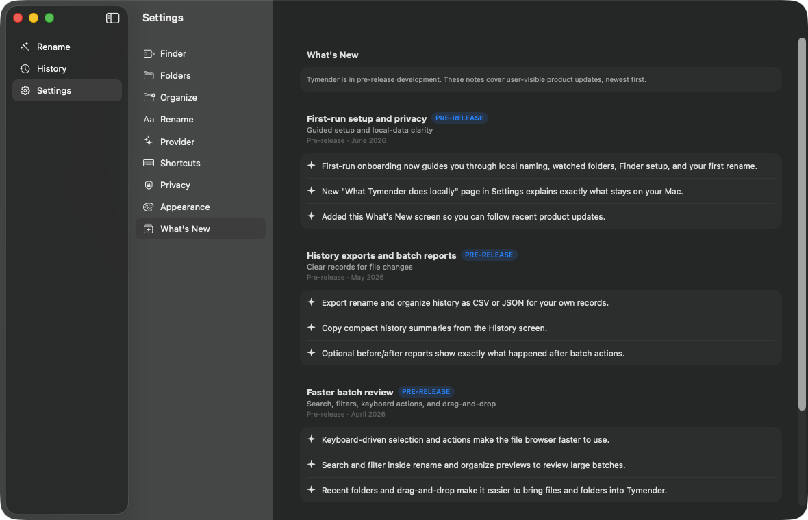 Tymender Settings What's New page with product updates